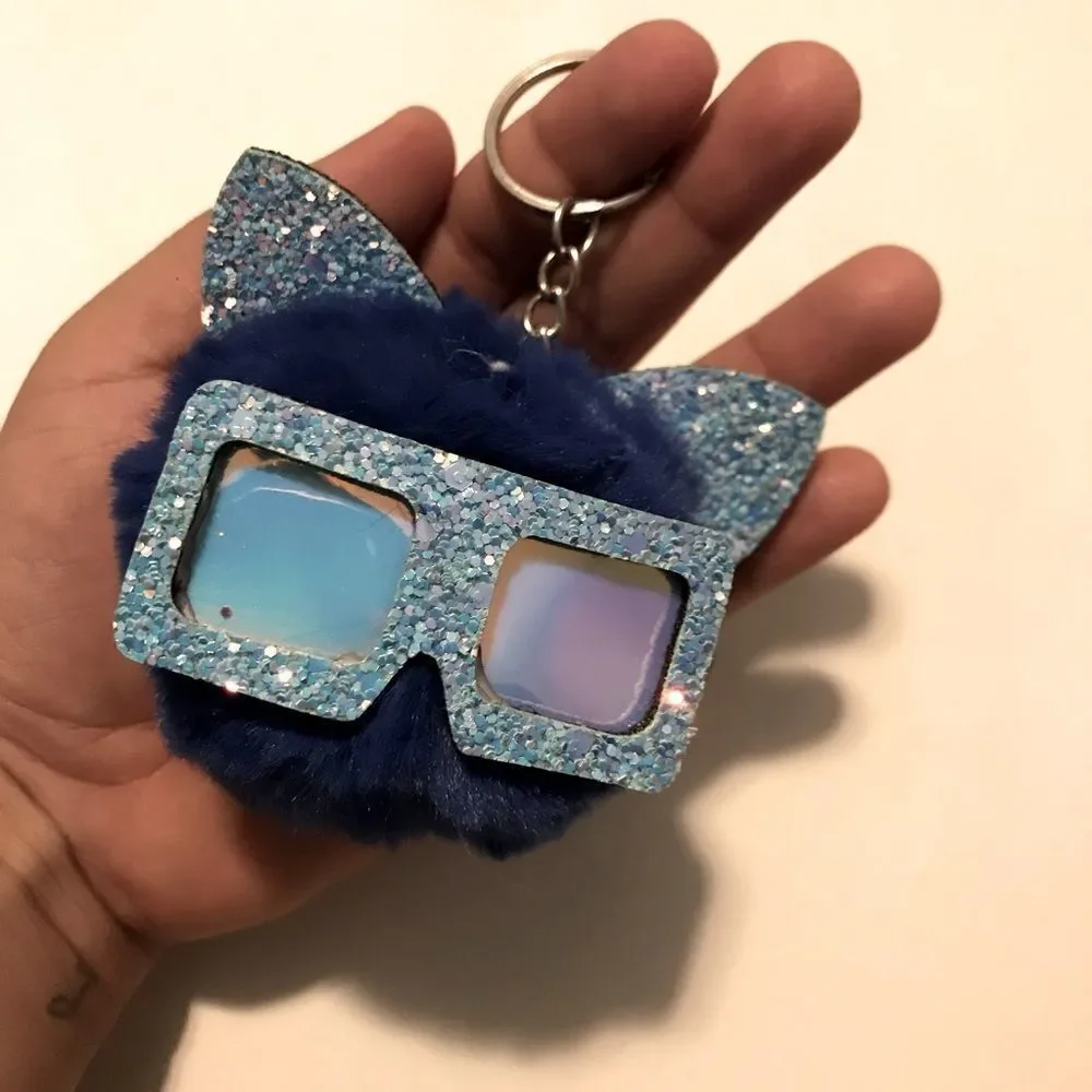 Dark Blue Sunglasses Cat Sparkly Fluffy Keychain
